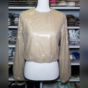 Milk & Honey Pearl Neck Bubble Sleeve Tan Sequin Top